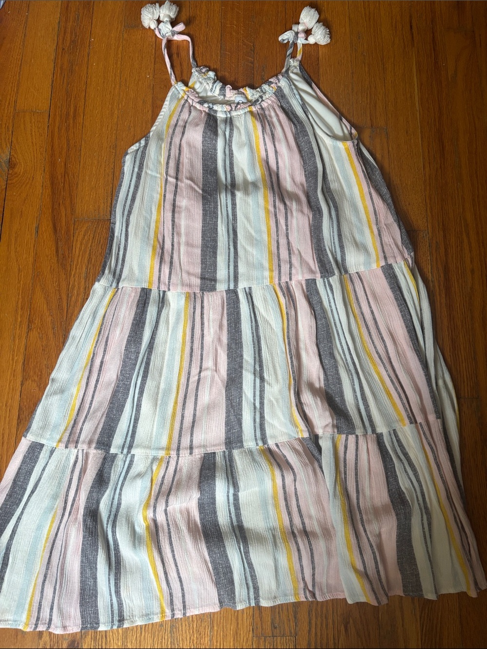 art class Pink, Gray & Yellow Striped Tiered Sundress with Tie Straps